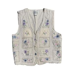 Vintage Tantrums Women Large Chambray Floral Embroidered Vest Cottagecore